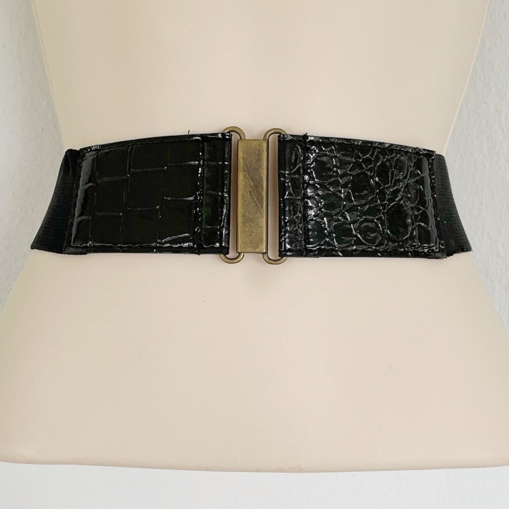 Black textured shiny patent vegan leather elastic waist belt